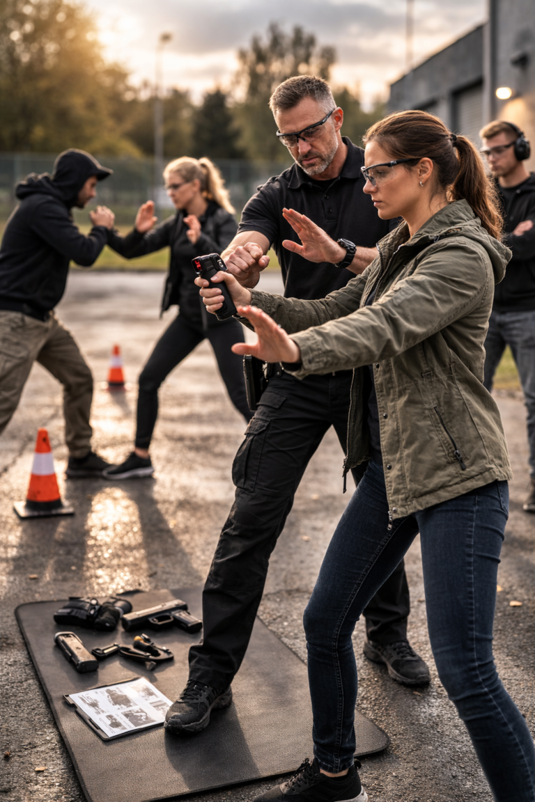 Pokazujemy zasady użycia, ryzyka i praktykę obsługi (np. gaz, pałka, paralizator/TASER) tak, by minimalizować błędy i konsekwencje.
